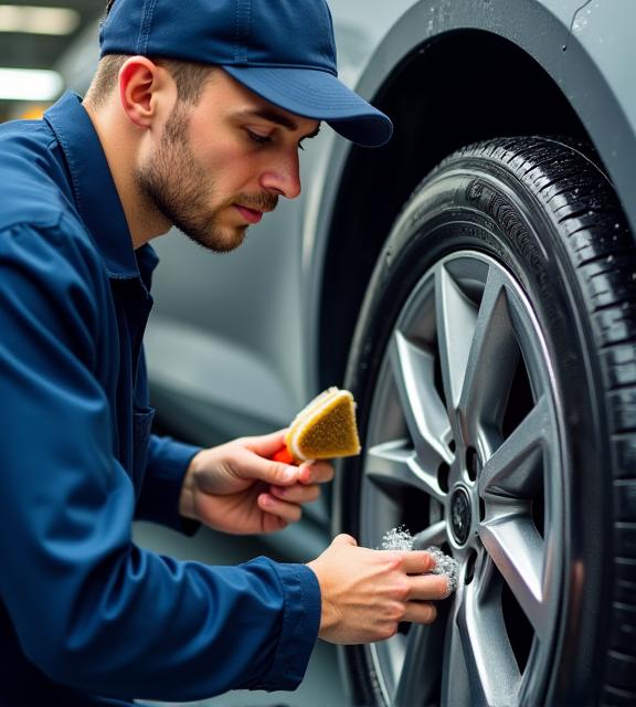 A uniformed Aqua Glint technician carefully cleaning an alloy wheel.