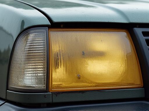 A foggy and yellowed car headlight before restoration.