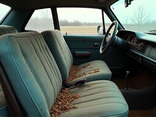 A car's interior with stained seats and dusty surfaces.