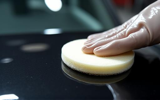 Close-up of a hand applying wax to a pristine car body.